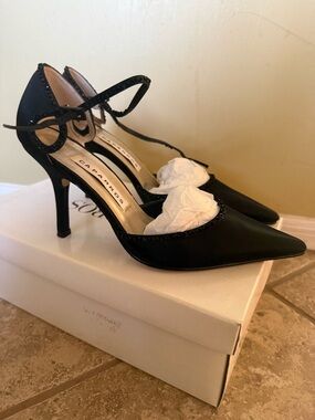 Caparros Black Pointed T-Strap Heels with Beaded Edge